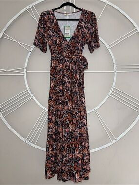 NWT Boden Floral Short Sleeve Wrap Tiered Maxi Dress Navy with Rust Accents